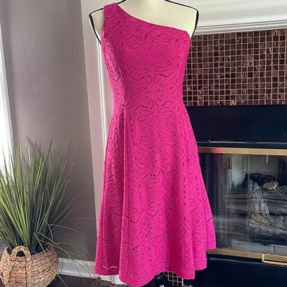 Fucshia Pink One Shoulder Fit & Flare Dress. - Picture 1 of 9